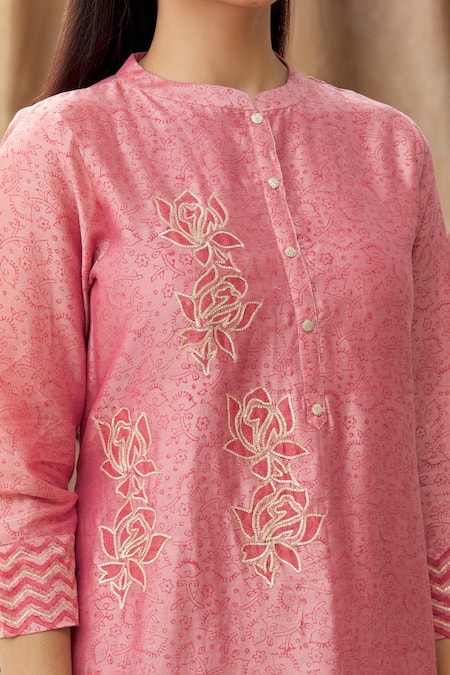 Shop Manasi Sengupta Pink Organza, Silk Chanderi Block Print, Gota Dori Work Mandarin Kurta Set Online at Aza Fashions Shop_Manasi Sengupta_Pink Organza, Silk Chanderi Block Print, Gota Dori Work Mandarin Kurta Set _Online_at_Aza_Fashions