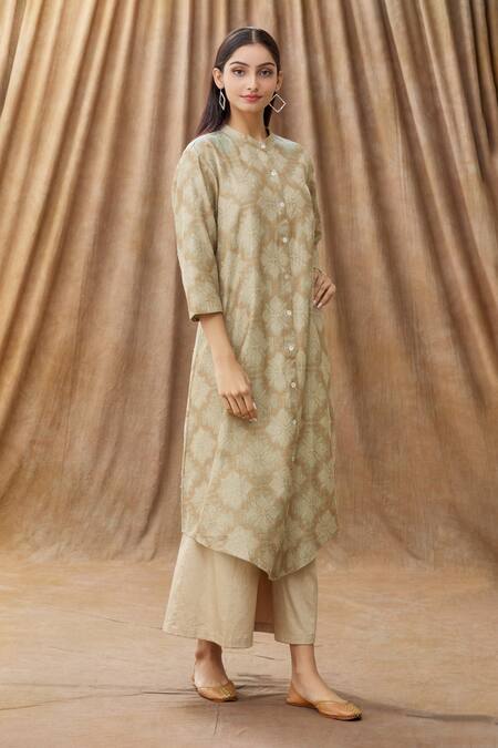 Manasi Sengupta Beige Silk Chanderi Thread Work Mandarin Collar Kurta And Pant Set Online at Aza Fashions Manasi Sengupta_Beige Silk Chanderi Thread Work Mandarin Collar Kurta And Pant Set _Online_at_Aza_Fashions