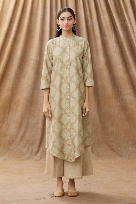 Buy Manasi Sengupta Beige Silk Chanderi Thread Work Mandarin Collar Kurta And Pant Set Online at Aza Fashions Buy_Manasi Sengupta_Beige Silk Chanderi Thread Work Mandarin Collar Kurta And Pant Set _Online_at_Aza_Fashions