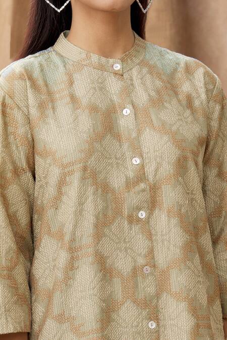 Shop Manasi Sengupta Beige Silk Chanderi Thread Work Mandarin Collar Kurta And Pant Set Online at Aza Fashions Shop_Manasi Sengupta_Beige Silk Chanderi Thread Work Mandarin Collar Kurta And Pant Set _Online_at_Aza_Fashions