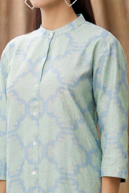 Shop Manasi Sengupta Green Silk Chanderi Thread Work Mandarin Collar Kurta And Pant Set Online at Aza Fashions Shop_Manasi Sengupta_Green Silk Chanderi Thread Work Mandarin Collar Kurta And Pant Set_Online_at_Aza_Fashions