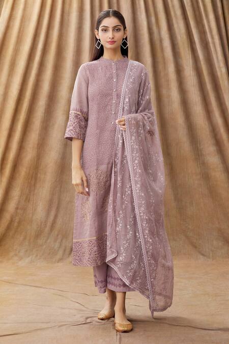 Manasi Sengupta Purple Kota Doria Sequins Work, Zari Mandarin Collar Embroidered Kurta Set Online at Aza Fashions Manasi Sengupta_Purple Kota Doria Sequins Work, Zari Mandarin Collar Embroidered Kurta Set _Online_at_Aza_Fashions