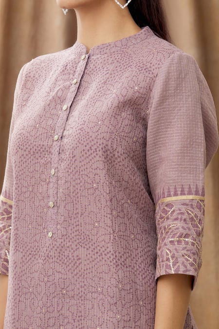 Shop Manasi Sengupta Purple Kota Doria Sequins Work, Zari Mandarin Collar Embroidered Kurta Set Online at Aza Fashions Shop_Manasi Sengupta_Purple Kota Doria Sequins Work, Zari Mandarin Collar Embroidered Kurta Set _Online_at_Aza_Fashions