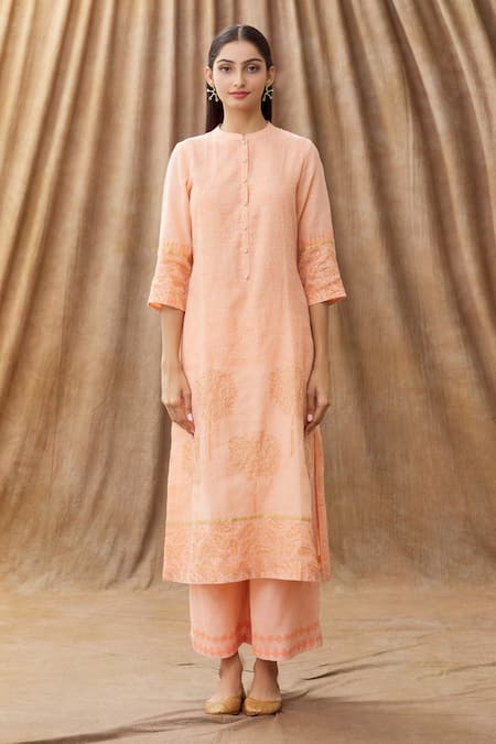 Buy Manasi Sengupta Peach Kota Doria Sequins Work, Zari Mandarin Collar Embroidered Kurta Set Online at Aza Fashions Buy_Manasi Sengupta_Peach Kota Doria Sequins Work, Zari Mandarin Collar Embroidered Kurta Set _Online_at_Aza_Fashions