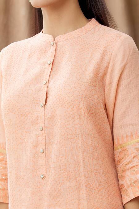 Shop Manasi Sengupta Peach Kota Doria Sequins Work, Zari Mandarin Collar Embroidered Kurta Set Online at Aza Fashions Shop_Manasi Sengupta_Peach Kota Doria Sequins Work, Zari Mandarin Collar Embroidered Kurta Set _Online_at_Aza_Fashions