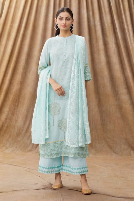 Manasi Sengupta_Blue Kota Doria Sequins Work, Zari Mandarin Collar Embroidered Kurta Set _Online_at_Aza_Fashions