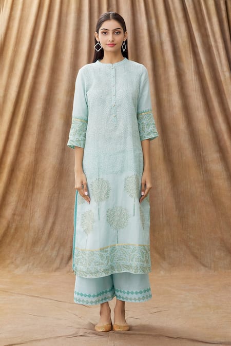 Buy_Manasi Sengupta_Blue Kota Doria Sequins Work, Zari Mandarin Collar Embroidered Kurta Set _Online_at_Aza_Fashions