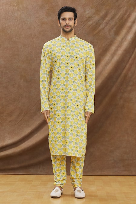 Buy_Priyanka Haralalka_Yellow Cotton, Crepe, Katan Silk Floral Asymmetric Bundi And Kurta Set_Online_at_Aza_Fashions