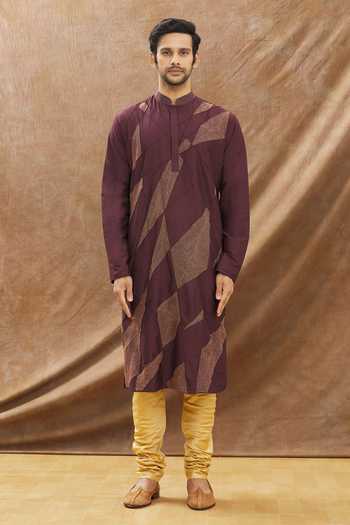 Priyanka Haralalka_Purple Katan Silk Geometric Embroidered Kurta Set _Online_at_Aza_Fashions