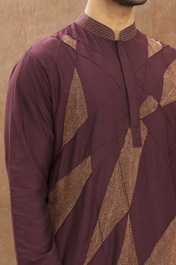 Shop_Priyanka Haralalka_Purple Katan Silk Geometric Embroidered Kurta Set _Online_at_Aza_Fashions