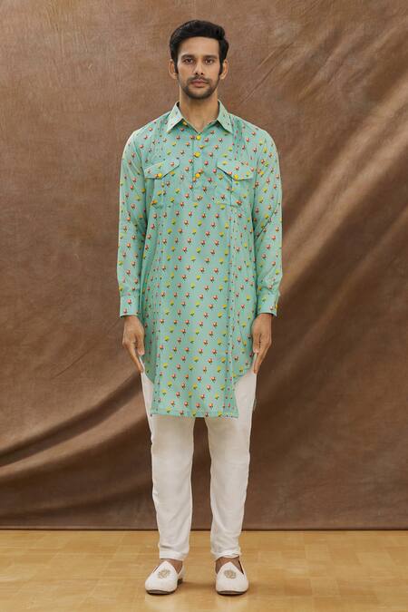 Priyanka Haralalka_Green Muslin, Katan Silk Floral Printed Pathani Kurta Set_Online_at_Aza_Fashions