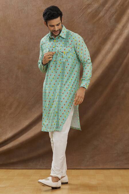 Buy_Priyanka Haralalka_Green Muslin, Katan Silk Floral Printed Pathani Kurta Set_Online_at_Aza_Fashions