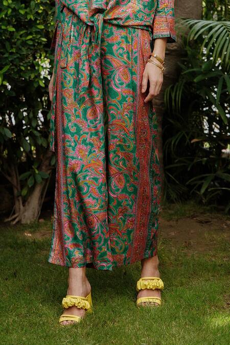 Buy_Cin Cin_Green Poly Lurex Floral V Neck Printed Shirt And Pant Set_Online_at_Aza_Fashions