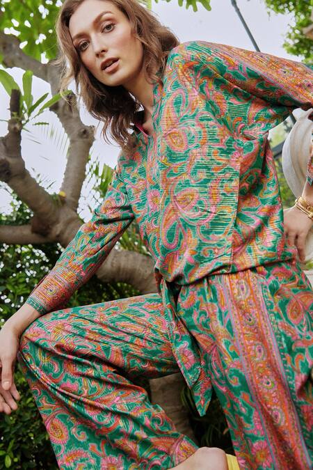 Shop_Cin Cin_Green Poly Lurex Floral V Neck Printed Shirt And Pant Set_Online_at_Aza_Fashions