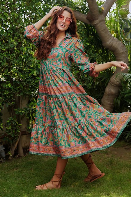 Cin Cin_Green Matte Satin Floral V Neck Print Dress_Online_at_Aza_Fashions