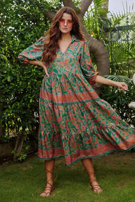 Buy_Cin Cin_Green Matte Satin Floral V Neck Print Dress_Online_at_Aza_Fashions