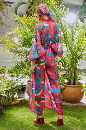 Shop Cin Cin Pink Satin Floral, Garden V Neck Printed Jumpsuit at Aza Fashions Shop_Cin Cin_Pink Satin Floral, Garden V Neck Printed Jumpsuit_at_Aza_Fashions