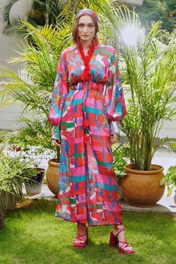 Cin Cin Pink Satin Floral, Garden V Neck Printed Jumpsuit Online at Aza Fashions Cin Cin_Pink Satin Floral, Garden V Neck Printed Jumpsuit_Online_at_Aza_Fashions