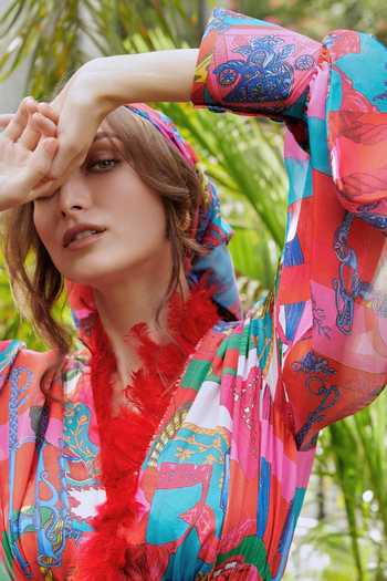 Buy Cin Cin Pink Satin Floral, Garden V Neck Printed Jumpsuit Online at Aza Fashions Buy_Cin Cin_Pink Satin Floral, Garden V Neck Printed Jumpsuit_Online_at_Aza_Fashions