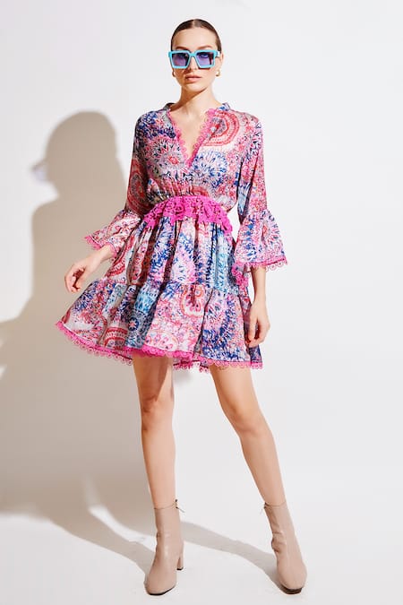 Cin Cin Pink Satin Printed Floral V Neck Dress 