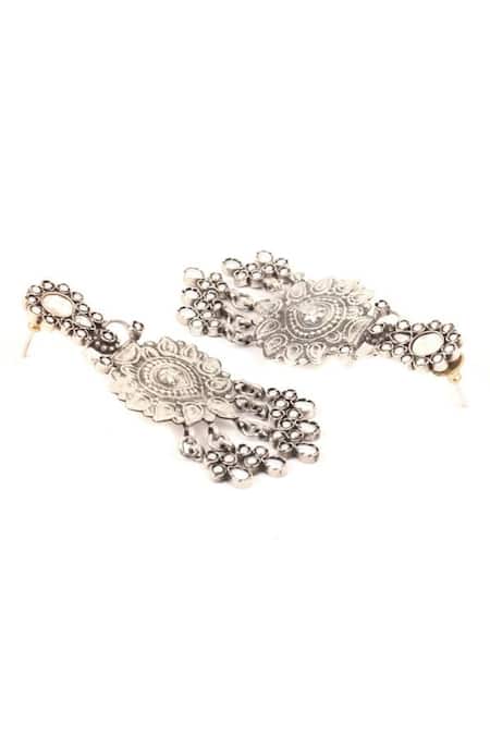 Sangeeta Boochra_Silver Plated Stones Carved Dangler Earrings _Online_at_Aza_Fashions
