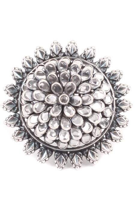 Sangeeta Boochra_Silver Plated Stones Floral Embellished Ring _Online_at_Aza_Fashions