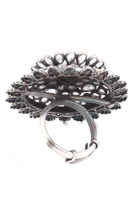 Shop_Sangeeta Boochra_Silver Plated Stones Floral Embellished Ring _Online_at_Aza_Fashions
