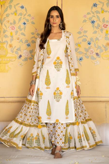 Maison Shefali White Printed Floral Square Neck Chandni Mughal Jacket Pant Set 