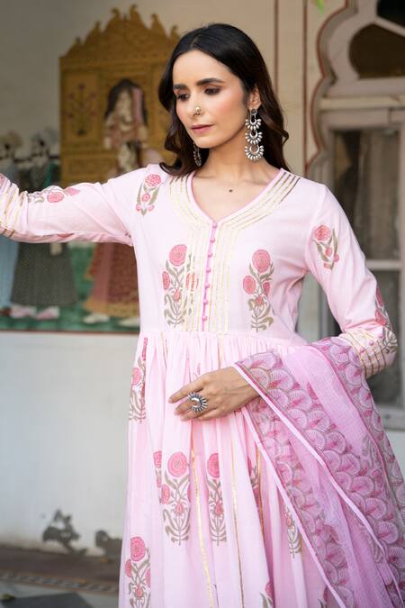 Maison Shefali_Pink Cotton Floral Print, Gota Work V Neck Chaand Tahira Mughal Anarkali Set _at_Aza_Fashions