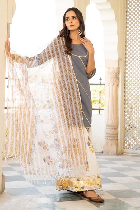 Maison Shefali_Grey Cotton Floral Print, Gota Work Double Neck Chaand Sharanya Sharara Set _Online_at_Aza_Fashions