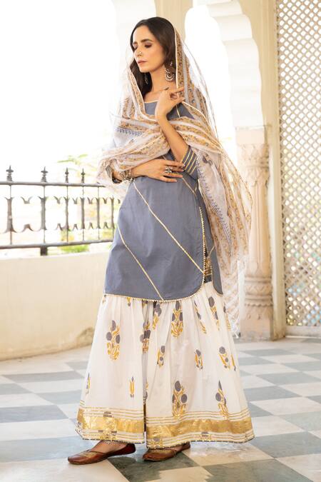 Shop_Maison Shefali_Grey Cotton Floral Print, Gota Work Double Neck Chaand Sharanya Sharara Set _Online_at_Aza_Fashions