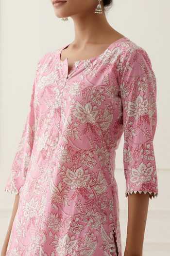 Musal_Pink Silk Organza, 100% Cotton Floral Round Ebe Print Kurta Palazzo Set _at_Aza_Fashions