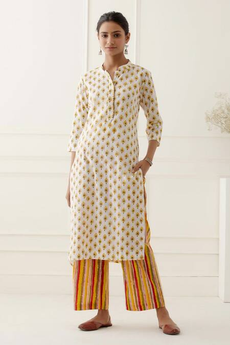 Buy_Musal_White 100% Cotton Floral, Striped Mandarin Collar Isla Printed Kurta Set _Online_at_Aza_Fashions