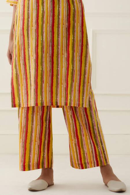 Shop_Musal_Yellow Silk Organza, 100% Cotton Striped Mandarin Collar Dax Print Kurta Set _Online_at_Aza_Fashions