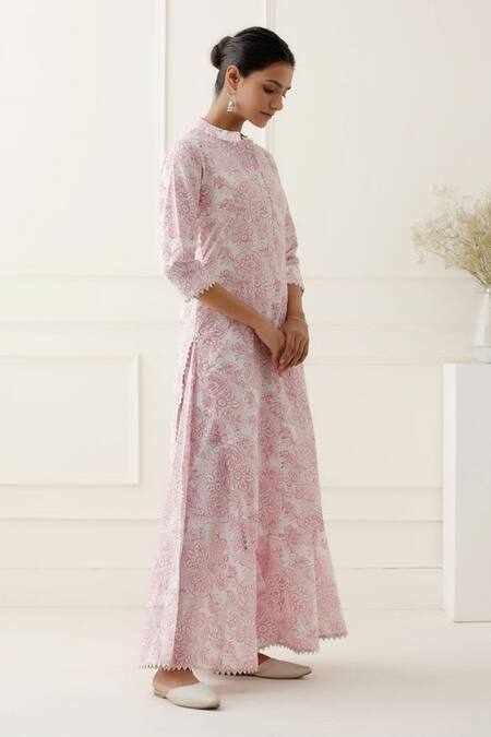 Musal_White Silk Organza, 100% Cotton Floral Mandarin Nereida Print Kurta Palazzo Set_Online_at_Aza_Fashions