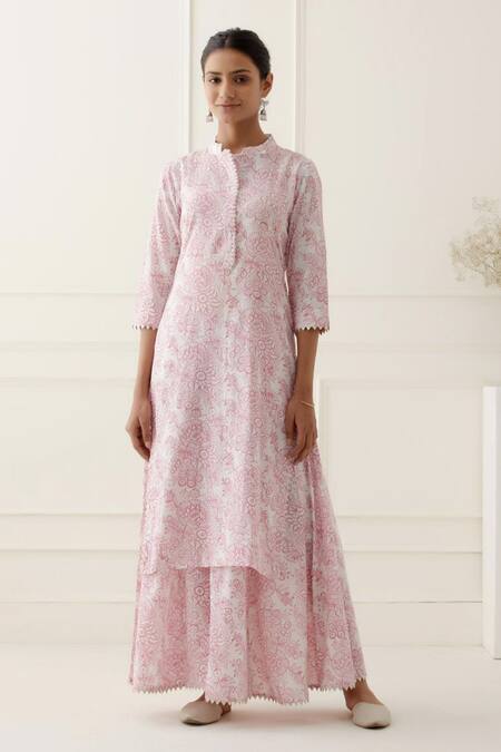 Buy_Musal_White Silk Organza, 100% Cotton Floral Mandarin Nereida Print Kurta Palazzo Set_Online_at_Aza_Fashions