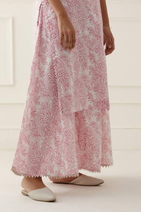 Shop_Musal_White Silk Organza, 100% Cotton Floral Mandarin Nereida Print Kurta Palazzo Set_Online_at_Aza_Fashions