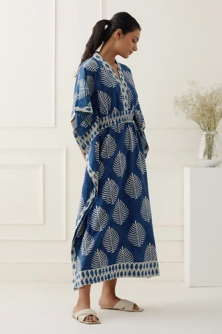 Musal_Blue 100% Cotton Leaf V Neck Julian Printed Kaftan _Online_at_Aza_Fashions