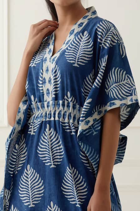 Shop_Musal_Blue 100% Cotton Leaf V Neck Julian Printed Kaftan _Online_at_Aza_Fashions