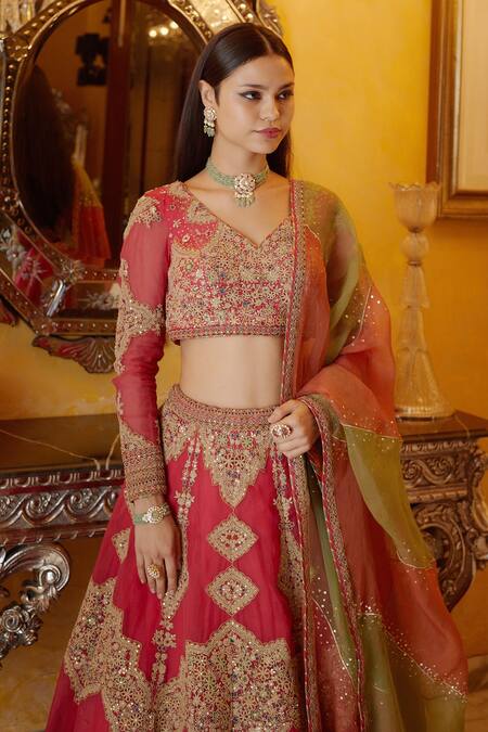 SHASHA GABA_Pink Silk Organza Embroidery Zari Leaf Neck Bridal Lehenga Set _at_Aza_Fashions