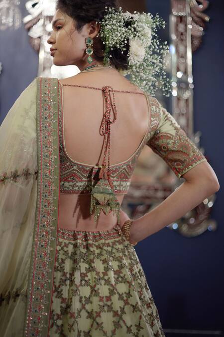 Shop_SHASHA GABA_Green Silk Organza Dori, Resham, Thread, Cord Sweetheart Neck Bridal Lehenga Set_Online_at_Aza_Fashions