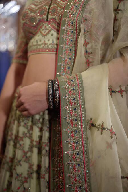 SHASHA GABA_Green Silk Organza Dori, Resham, Thread, Cord Sweetheart Neck Bridal Lehenga Set_at_Aza_Fashions