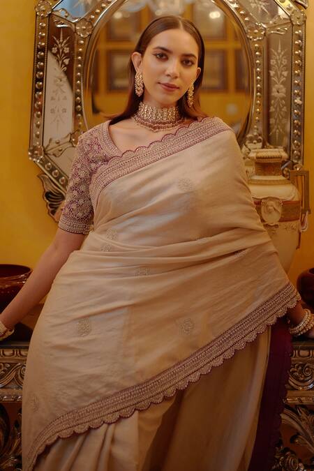 SHASHA GABA_Pink Chanderi, Dupion Sequin, Cord V Neck Saree With Blouse_Online_at_Aza_Fashions