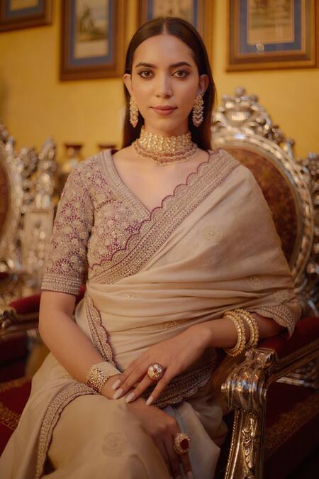 Buy_SHASHA GABA_Pink Chanderi, Dupion Sequin, Cord V Neck Saree With Blouse_Online_at_Aza_Fashions