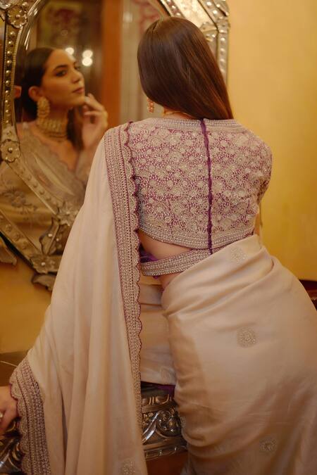 Shop_SHASHA GABA_Pink Chanderi, Dupion Sequin, Cord V Neck Saree With Blouse_Online_at_Aza_Fashions