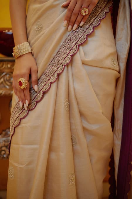 SHASHA GABA_Pink Chanderi, Dupion Sequin, Cord V Neck Saree With Blouse_at_Aza_Fashions