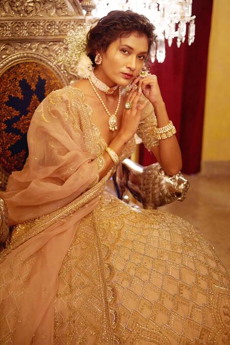 SHASHA GABA_Gold Organza, Shantoon Cutdana, Stone, Swarovski, Embroidered Bridal Lehenga Set_at_Aza_Fashions
