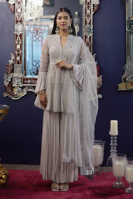 SHASHA GABA_Grey Georgette Shantoon, Mukaish Net Cutdana, Embroidered Kurta Sharara Set_Online_at_Aza_Fashions