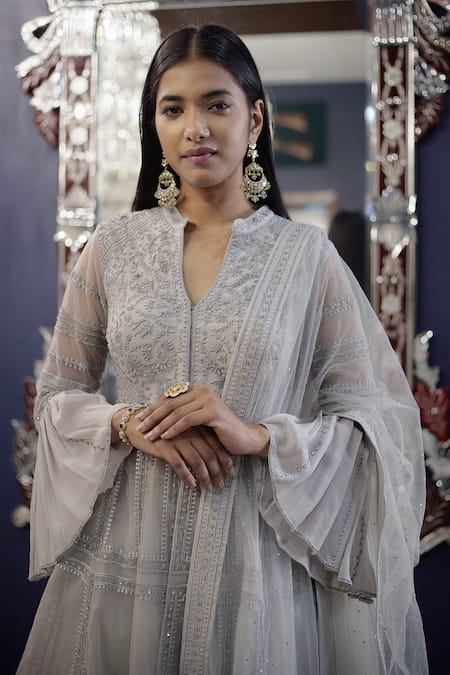 Buy_SHASHA GABA_Grey Georgette Shantoon, Mukaish Net Cutdana, Embroidered Kurta Sharara Set_Online_at_Aza_Fashions