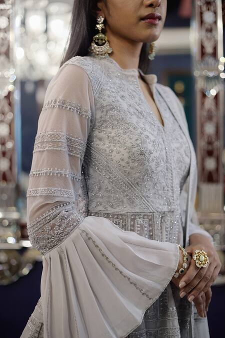 Shop_SHASHA GABA_Grey Georgette Shantoon, Mukaish Net Cutdana, Embroidered Kurta Sharara Set_Online_at_Aza_Fashions